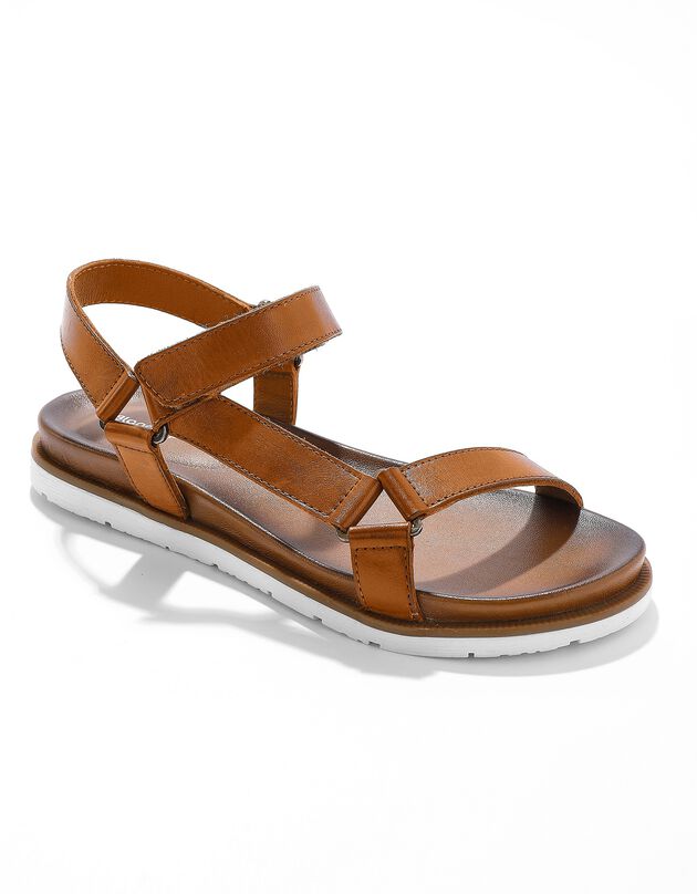 Sandales scratchées largeur confort en cuir style rando (marron)