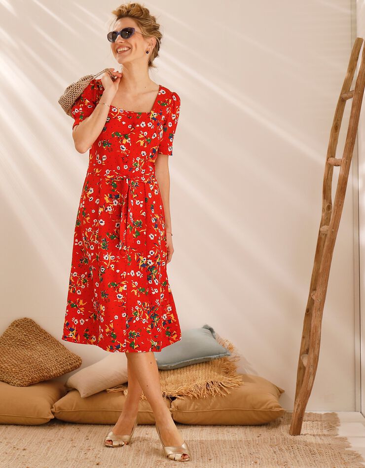 Robe col carré imprimée fleurs, crêpe (rouge / blanc) Robe col carré imprimée fleurs, crêpe (rouge / blanc)