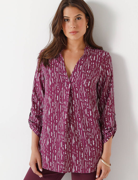 Blouse imprimé graphique col tunisien, crêpe (prune / blanc)
