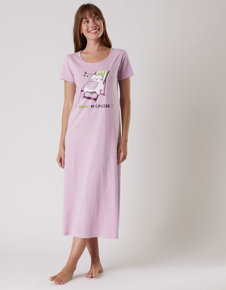 Chemise de nuit longue manches courtes – imprimé "chat" (lilas)
