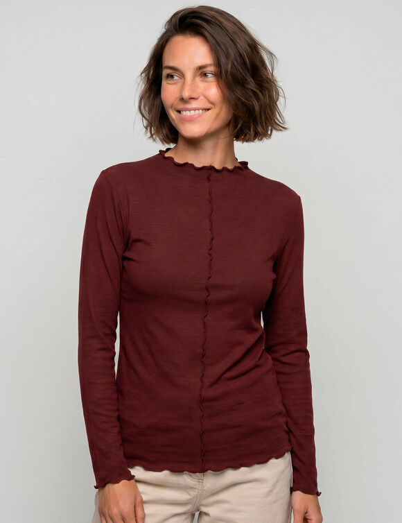 T-shirt col montant, manches longues, finition frisottis (bordeaux)