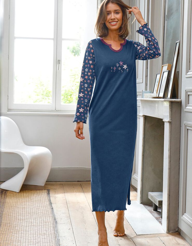 Chemise de nuit imprimée fleurs - manches longues (marine) Chemise de nuit imprimée fleurs - manches longues (marine)