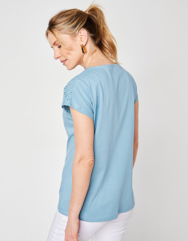 Tee-shirt boutonné, broderie anglaise (bleu grisé) Tee-shirt boutonné, broderie anglaise (bleu grisé)