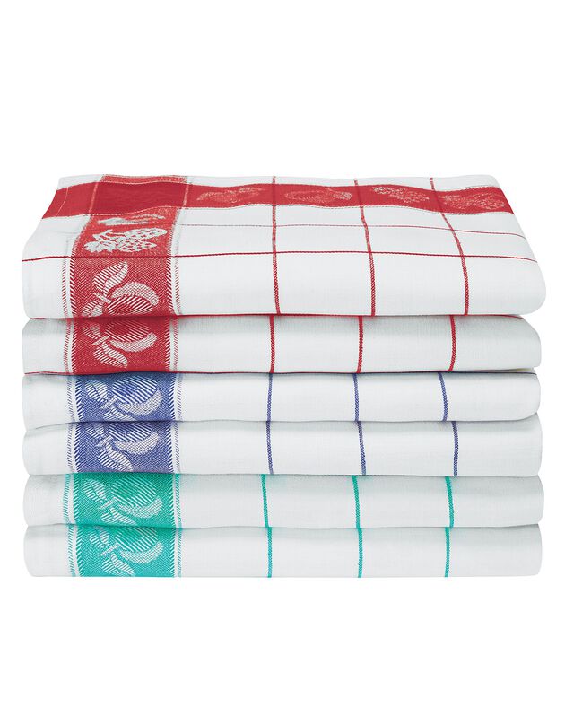 Torchons pur coton carreaux et fruits - Lot de 6 ou 12 (bleu + rouge + vert)