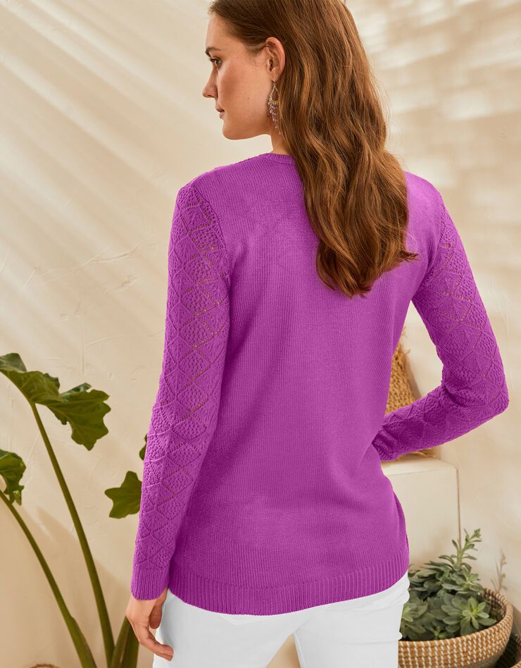 Cardigan boutonné, maille ajourée toucher cachemire (violine) Cardigan boutonné, maille ajourée toucher cachemire (violine)