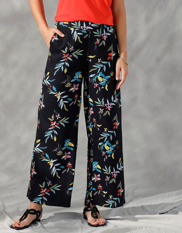 Pantalon large 7/8ème imprimé floral (noir / turquoise)