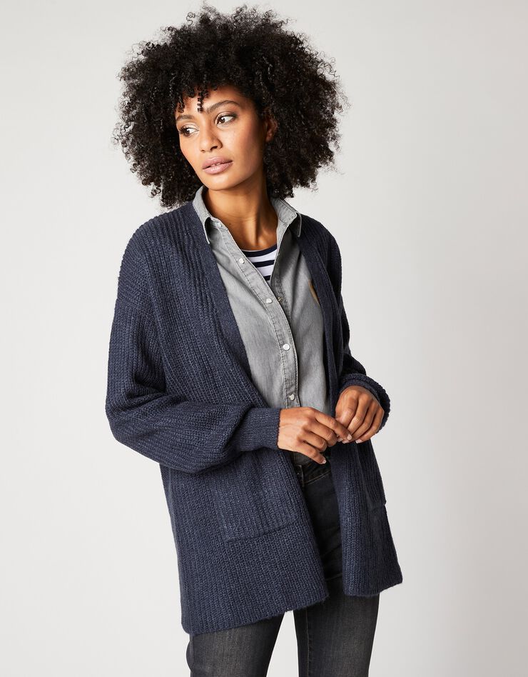 Gilet long porter ouvert, maille anglaise toucher mohair (marine) Gilet long porter ouvert, maille anglaise toucher mohair (marine)