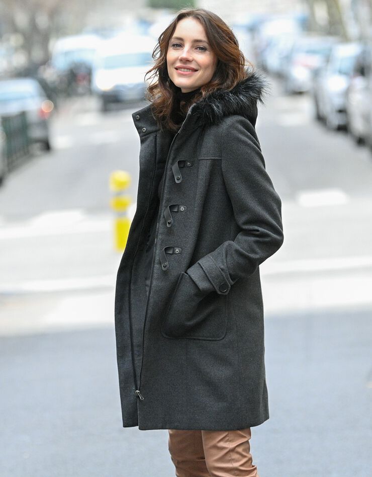 Duffle-coat capuche fausse fourrure uni (anthracite chiné)