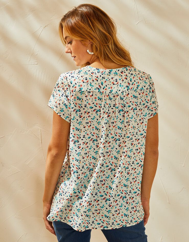 Blouse V manches courtes, crêpe imprimé feuilles (blanc / bleu) Blouse V manches courtes, crêpe imprimé feuilles (blanc / bleu)