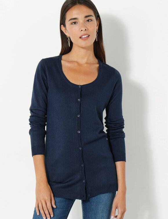 Cardigan boutonné col rond uni, toucher doux (marine)