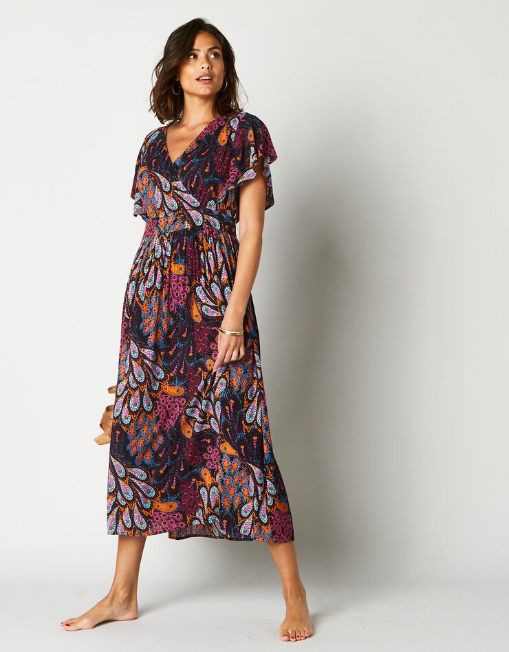 Robe volantée cache-coeur imprimée, crépon (noir / bleu)