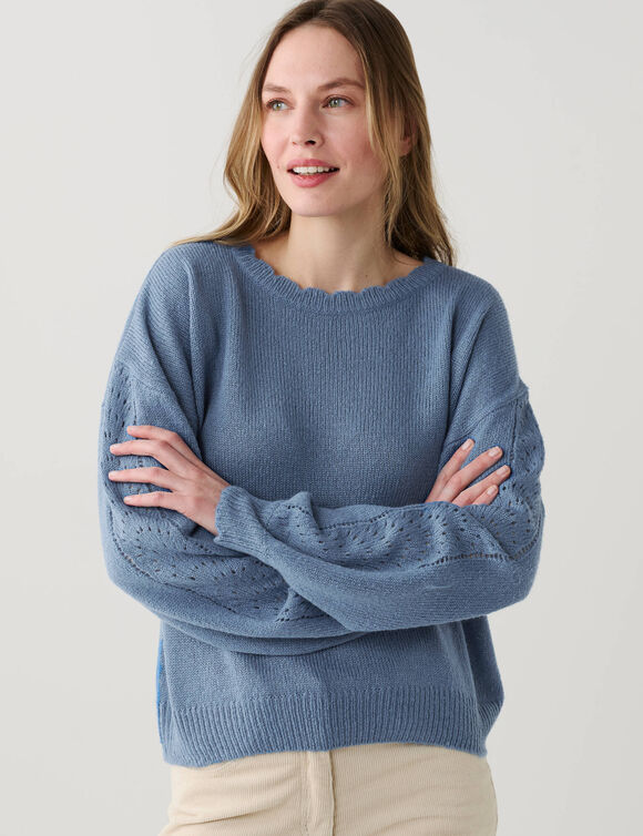 Pull col rond finitions &eacute;cailles (bleu denim)