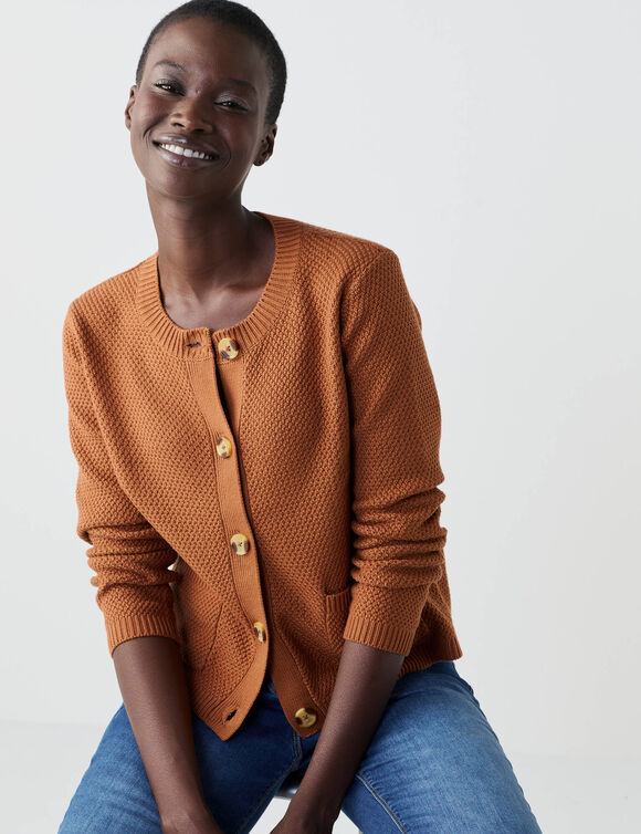 Gilet paletot maille fantaisie, boutons effet corne (caramel)