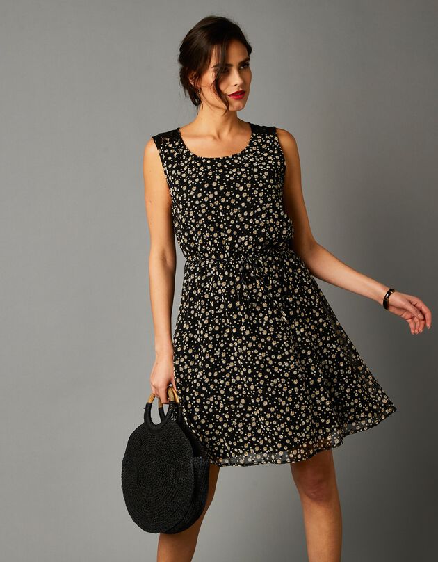 Robe courte voile plumetis imprimé sans manches, dos dentelle  (noir / blanc)