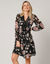 Robe évasée en voile fleuri, col V en dentelle (noir / beige)