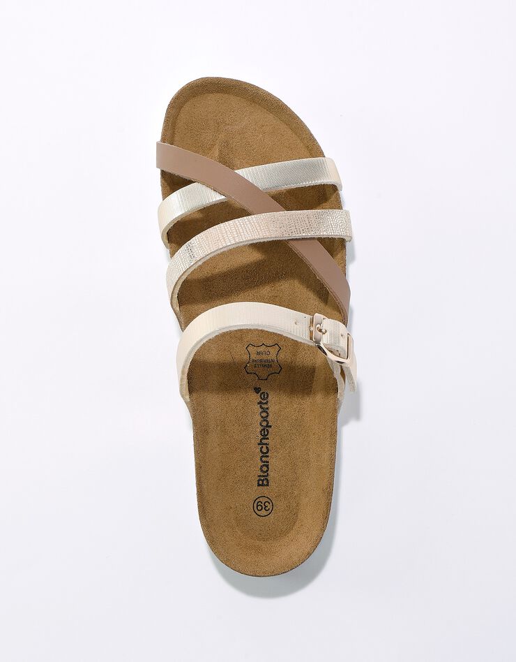 Mules compensées multibrides à boucle réglable en cuir semelle liège (taupe / doré) Mules compensées multibrides à boucle réglable en cuir semelle liège (taupe / doré)