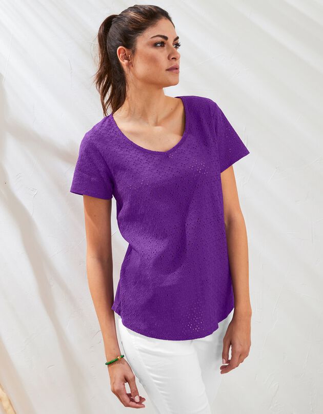 Tee-shirt col V, broderie anglaise (violet)