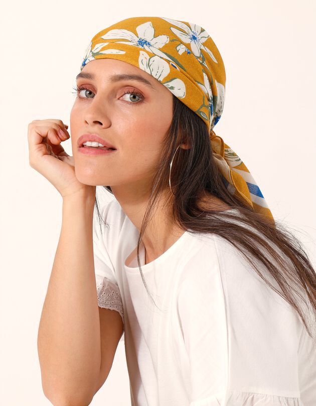 Foulard fabriqué en France imprimé fleurs, 98x98 cm, coton biologique (jaune)