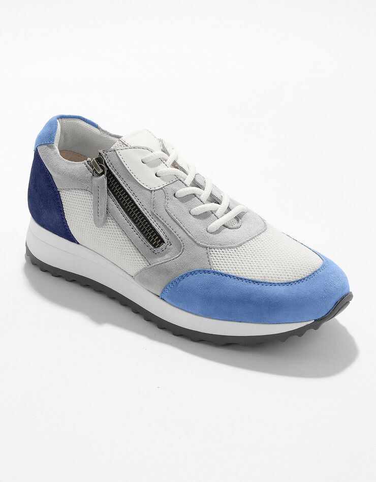 Sneakers style running zippées en cuir multicolore à semelle compensée (bleu) Sneakers style running zippées en cuir multicolore à semelle compensée (bleu)