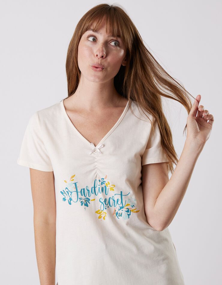 Tee-shirt pyjama manches courtes imprimé "jardin secret" (écru)