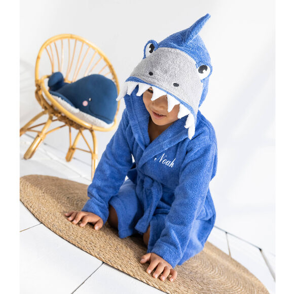 Peignoir de bain enfant &agrave; capuche requin personnalisable - 340g/m&sup2; (bleu dur)