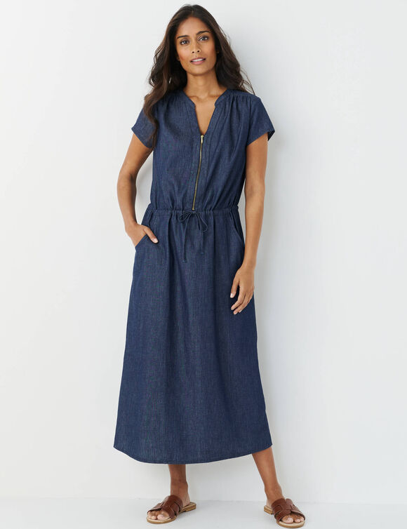 Robe longue col zipp&eacute;, denim l&eacute;ger (brut)