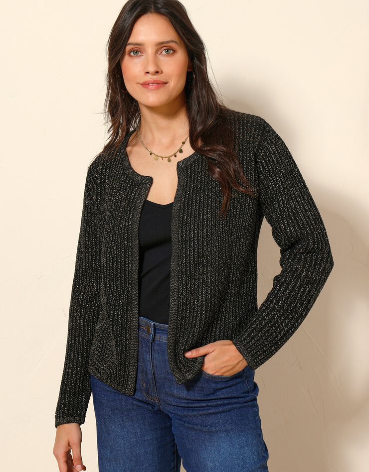 Gilet paletot fils dorés, maille anglaise toucher mohair (noir) Gilet paletot fils dorés, maille anglaise toucher mohair (noir)