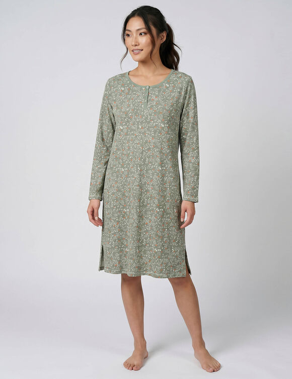 Chemise de nuit manches longues boutonn&eacute;e imprim&eacute; v&eacute;g&eacute;tal (kaki / &eacute;cru)
