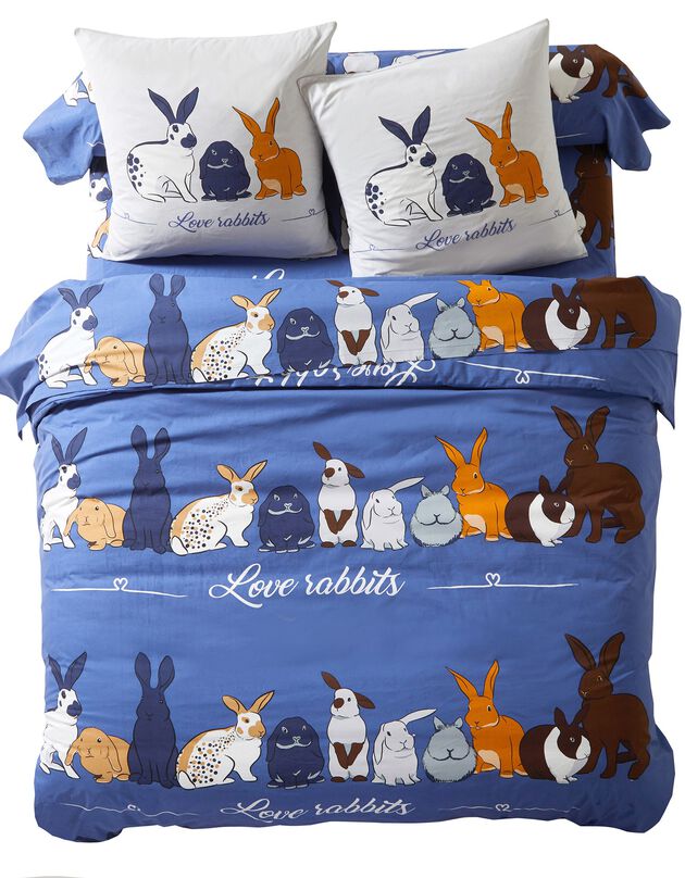 Linge de lit Rabbit en coton imprimé lapins (bleu)
