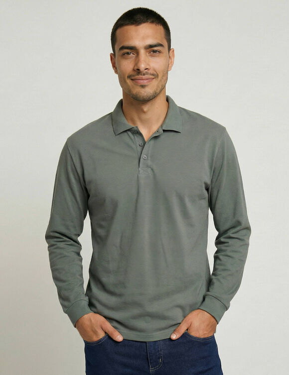 Polo uni maille piqu&eacute;e manches longues (vert gris&eacute;)