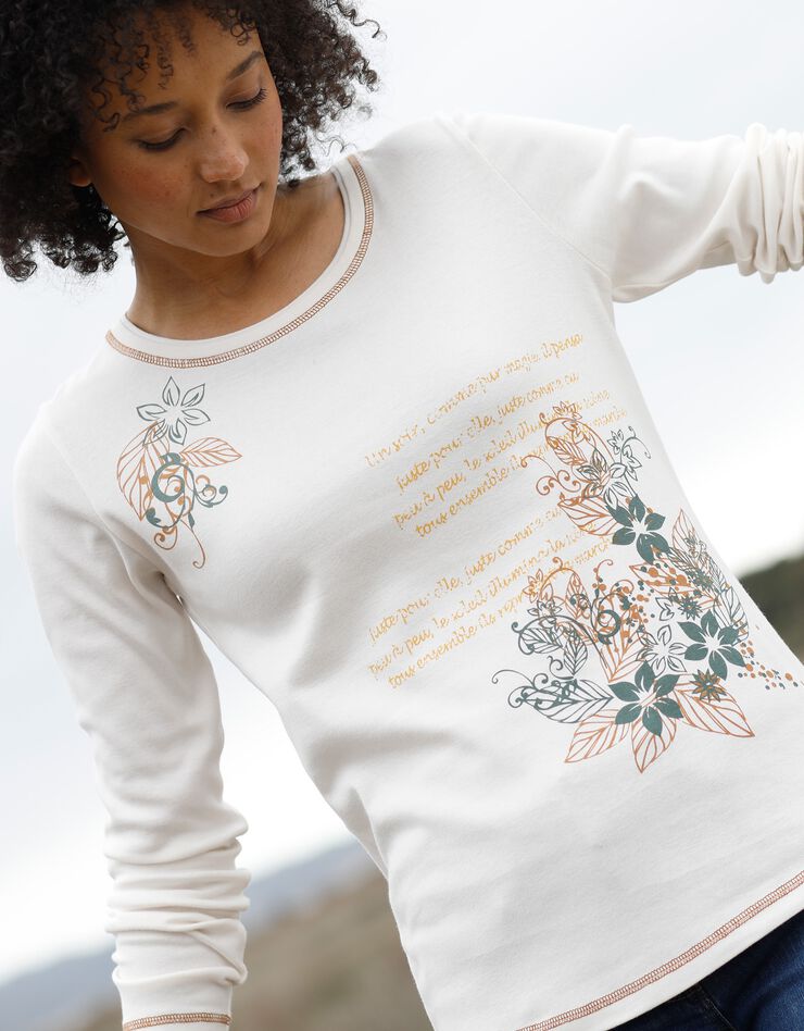 Tee shirt manches longues imprimé fleuri (écru / noisette) Tee shirt manches longues imprimé fleuri (écru / noisette)