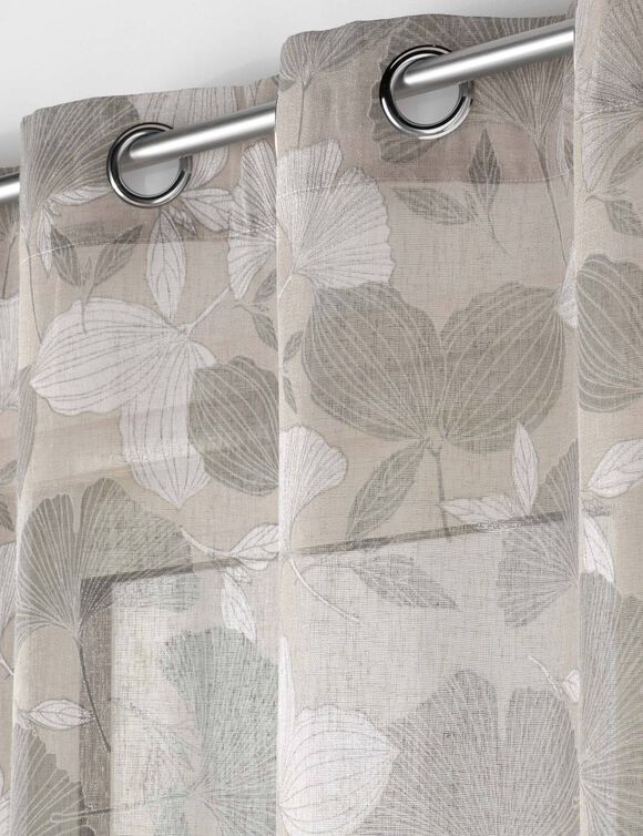 Voilage imprimé ginkgo -  finition oeillets (beige / gris)