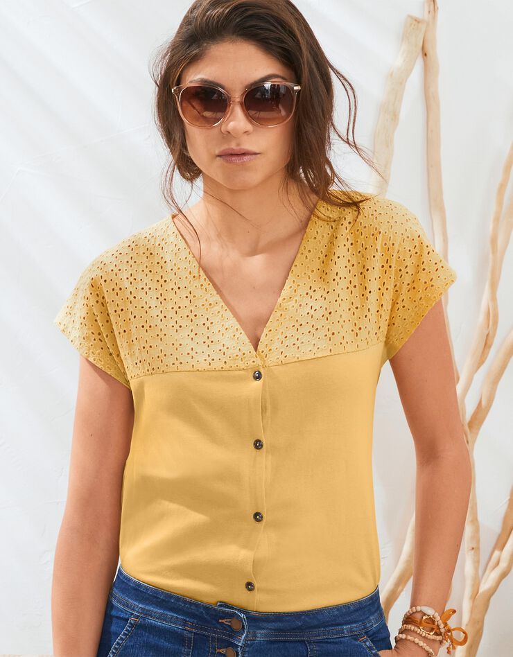 Tee-shirt boutonné, broderie anglaise (safran) Tee-shirt boutonné, broderie anglaise (safran)
