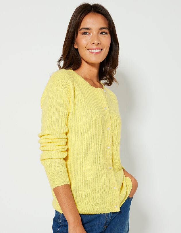 Cardigan boutons façon perles, maille anglaise (jaune)