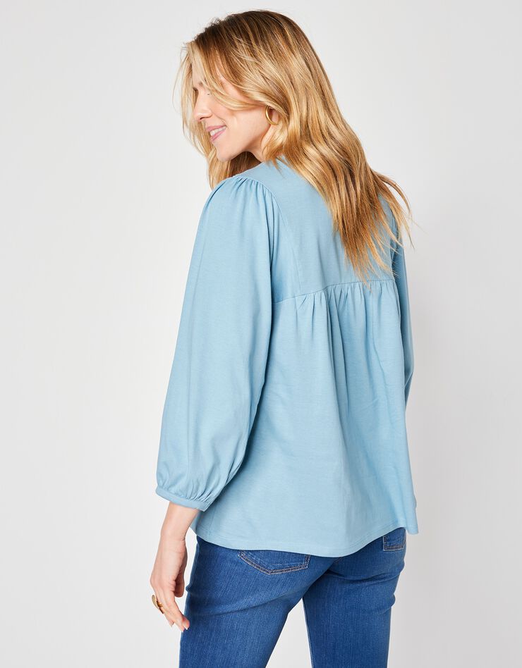 Tee-shirt manches 3/4, empiècement broderie anglaise (bleu grisé) Tee-shirt manches 3/4, empiècement broderie anglaise (bleu grisé)
