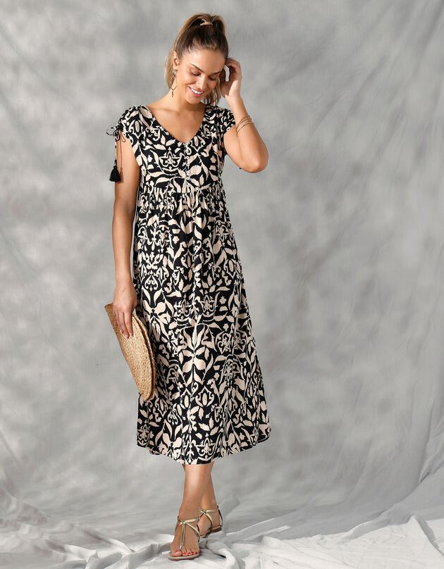 Robe longue manches courtes, imprimé ethnique bicolore (noir / beige)