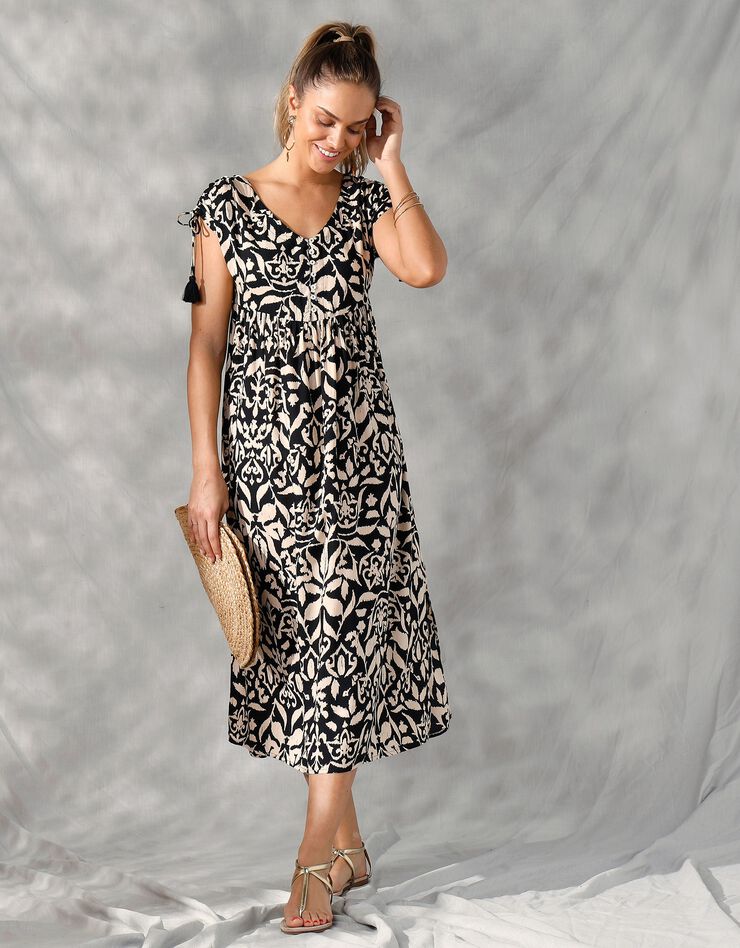 Robe longue manches courtes, imprimé ethnique bicolore (noir / beige)