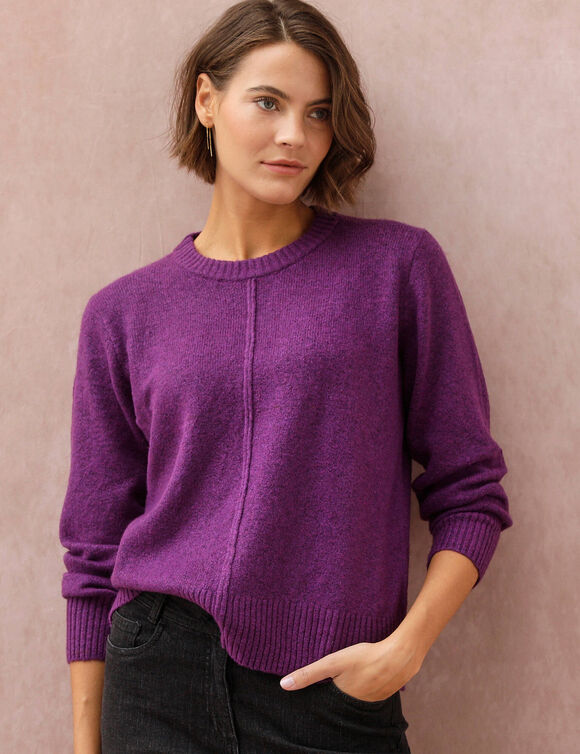 Pull col rond volume boite, maille moelleuse en laine m&eacute;lang&eacute;e (violine)