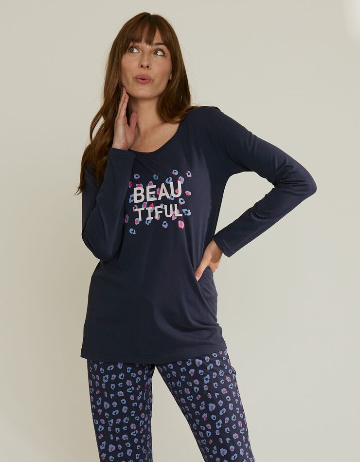 Tee-shirt manches longues coton uni imprimé placé "Beautiful" (marine) Tee-shirt manches longues coton uni imprimé placé "Beautiful" (marine)