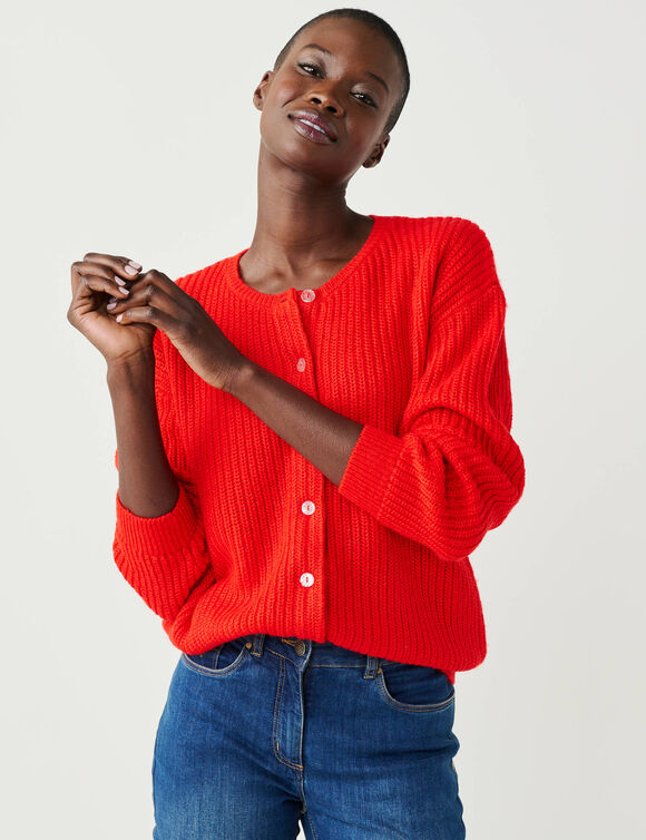 Cardigan &agrave; boutons paillet&eacute;s, maille anglaise (rouge)