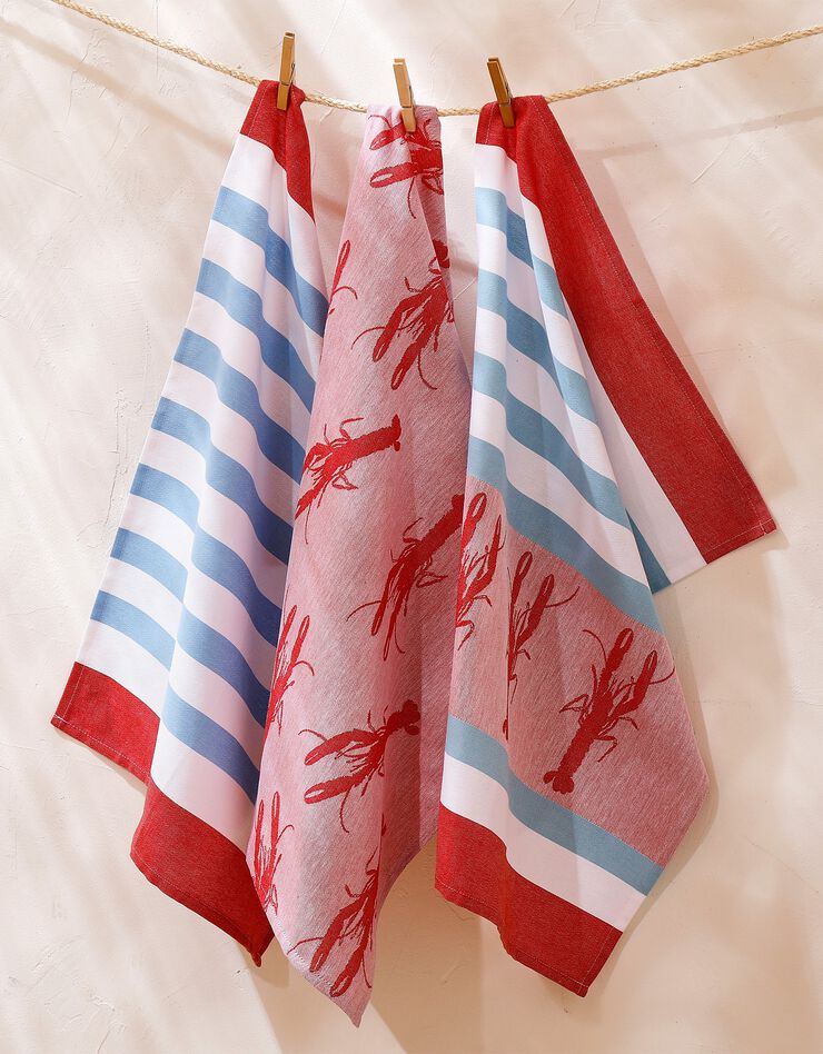 Torchon motif crustacés - lot de 3 (bleu / corail) Torchon motif crustacés - lot de 3 (bleu / corail)