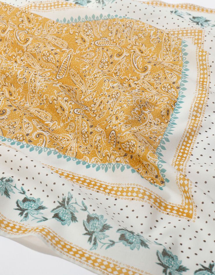 Foulard fabriqué en France imprimé fleuri, 70 x 70 cm  - coton (écru / moutarde)