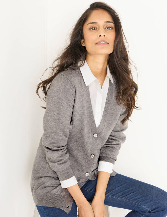 Gilet boutonné col V, laine d'agneau (gris chiné)