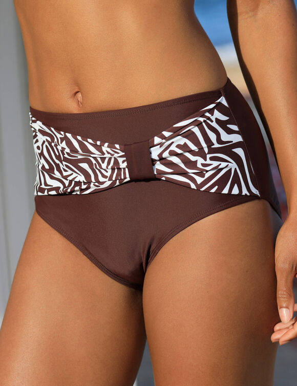 Bas de maillot de bain taille haute uni - effet drapé (chocolat)