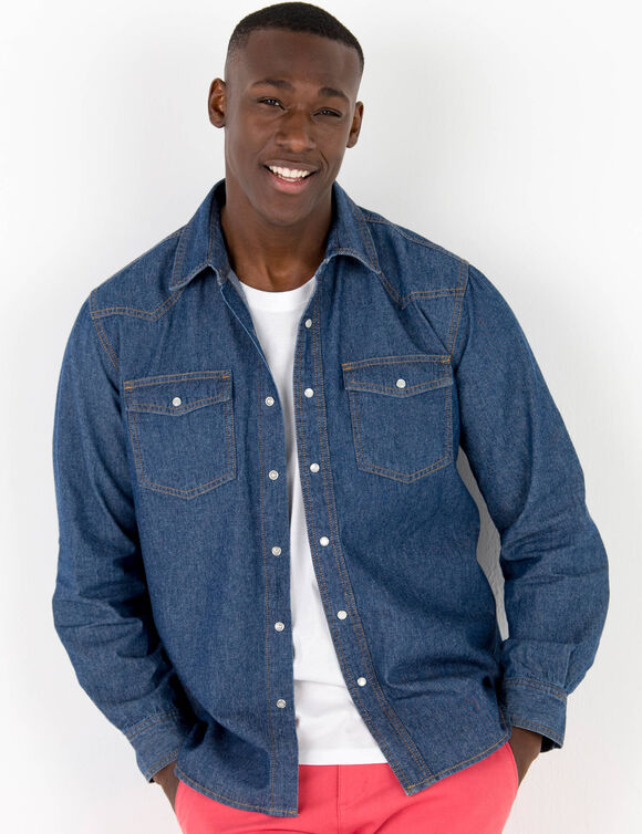 Chemise pressionn&eacute;e manches longues en jean (stone)