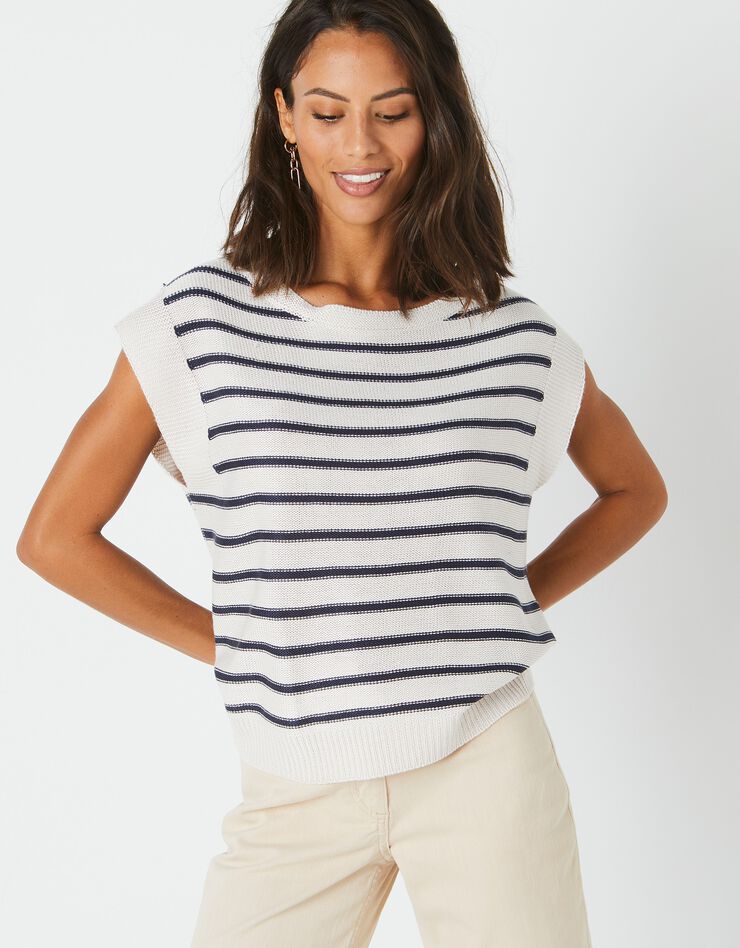 Pull rayé sans manches, spécial petites (écru / marine) Pull rayé sans manches, spécial petites (écru / marine)