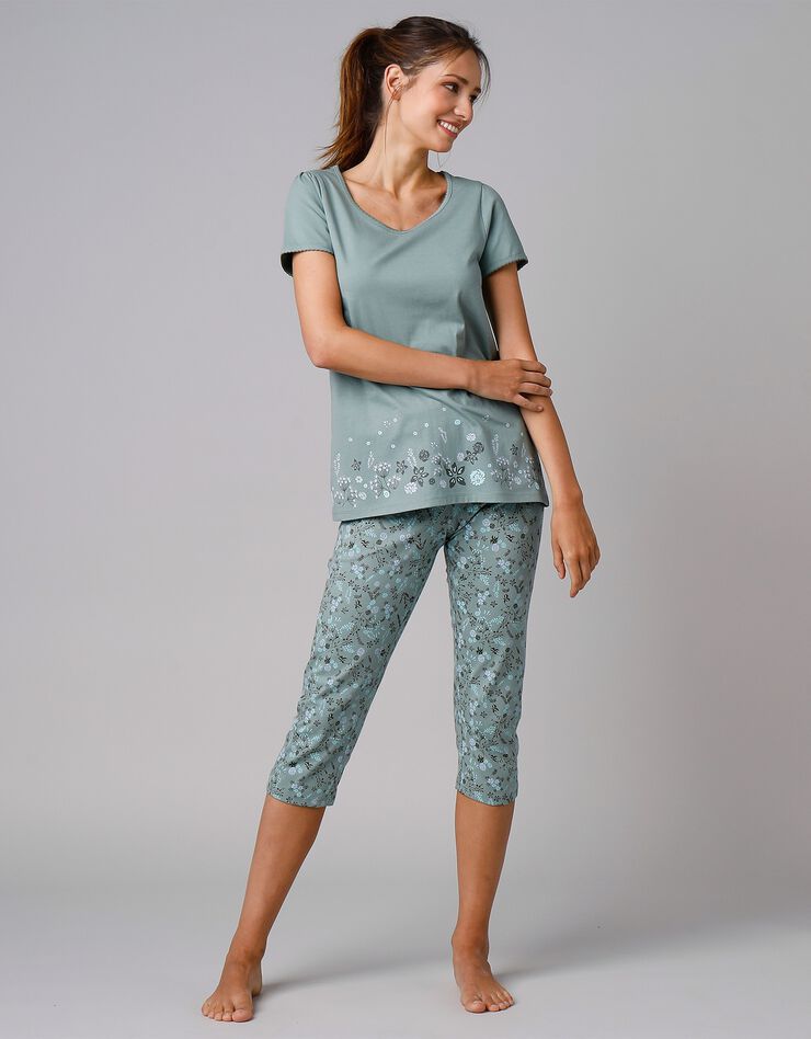 Tee-shirt de pyjama manches courtes imprimé base fleurs (kaki)