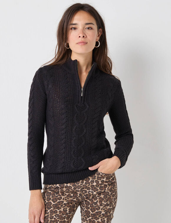 Pull col montant zippé, maille torsadée (noir)
