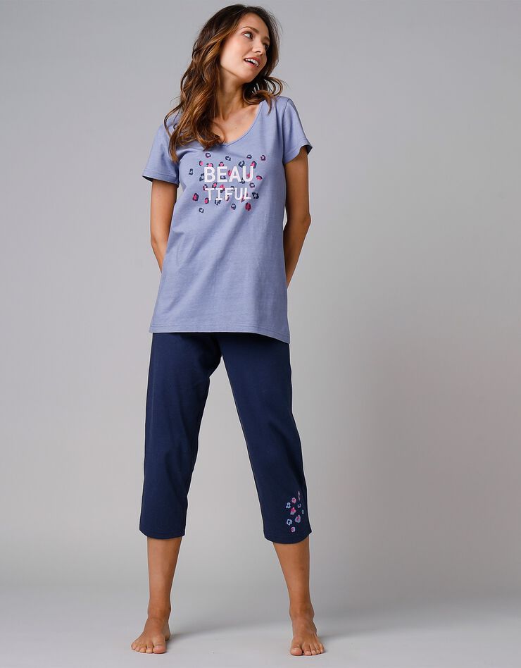Tee-shirt manches courtes coton uni imprimé placé "Beautiful" (bleu) Tee-shirt manches courtes coton uni imprimé placé "Beautiful" (bleu)