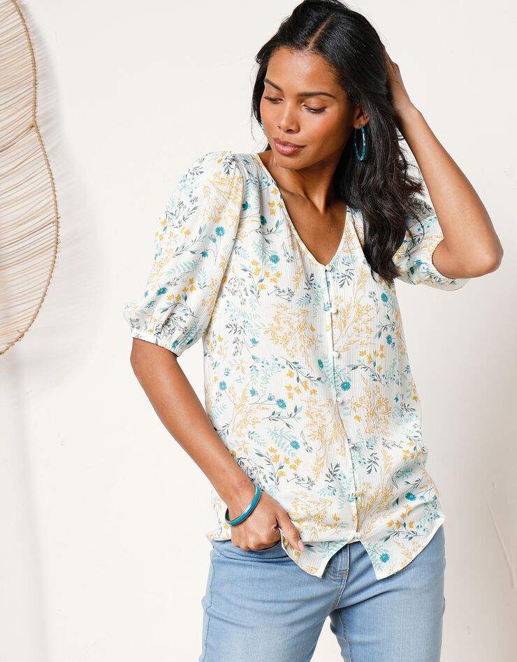Blouse boutonnée imprimé fleuri, crépon (écru) Blouse boutonnée imprimé fleuri, crépon (écru)